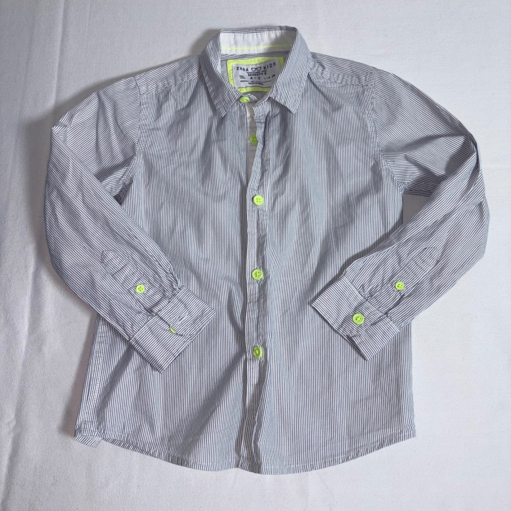 Zara Kids‎ Button Down Shirt 4-5 black White Pinstripe  Neon Accent cotton
